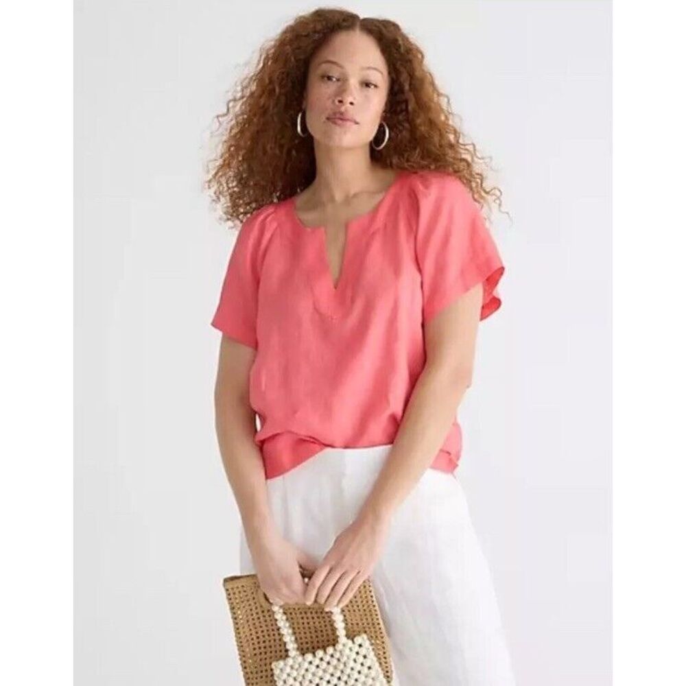 J. Crew Women's Pink Flutter Sleeve V Neck Top 100% Linen Blouse Size XXS NWT